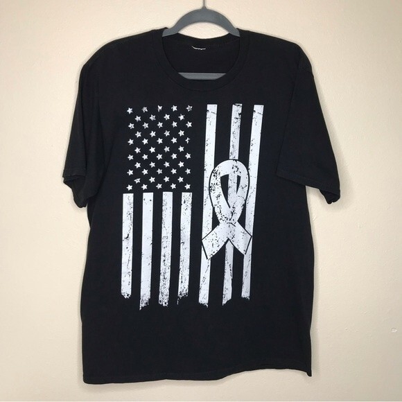 Lung Cancer Awareness American Flag White Ribbon Black T Shirt Mens Size Large - Picture 9 of 9